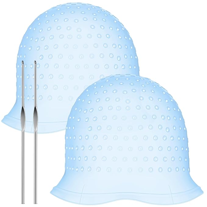 Jexine 2 Pcs Hair Coloring Highlighting Cap Reusable Silicone Highlight Cap with Holes and Hook for Hair Coloring, Frosting, Hairdressing & Highlighting, Salon Tools Kit(Blue)
