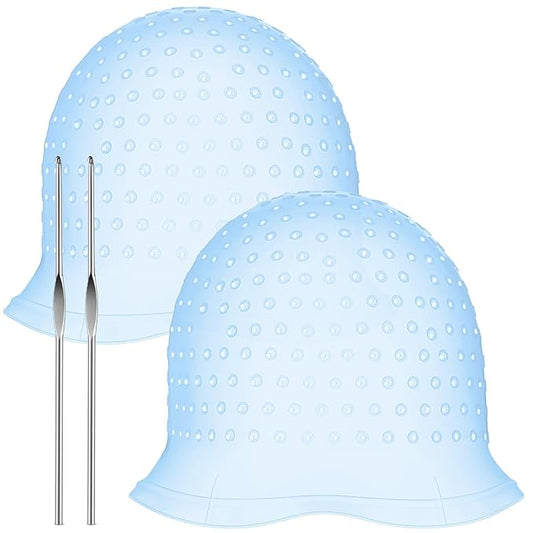 Jexine 2 Pcs Hair Coloring Highlighting Cap Reusable Silicone Highlight Cap with Holes and Hook for Hair Coloring, Frosting, Hairdressing & Highlighting, Salon Tools Kit(Blue)