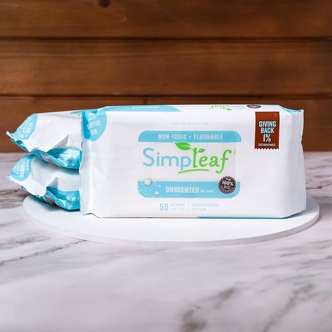 Simpleaf Flushable Wet Wipes Unscented | Plastic Free, Paraben & Alcohol Free | Hypoallergenic & Safe for Sensitive Skin | Soothing Aloe Formula | Adult Toilet Wipes (3 x 50 Counts Pack) 150 Counts