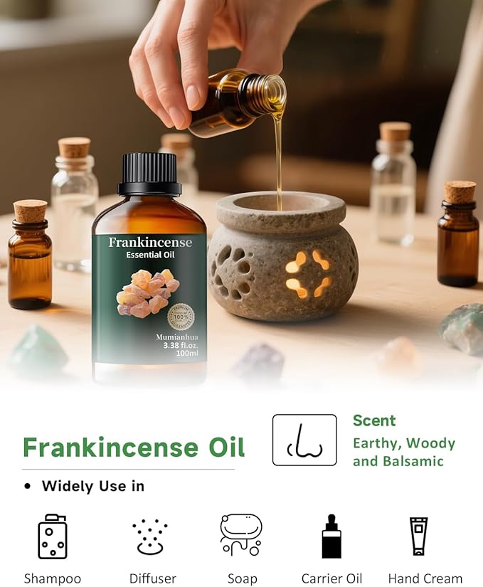 Mumianhua 100% Pure Frankincense Essential Oil Natural Frankincense Oil for Aromatherapy Therapeutic Grade Resin Oil for Skin, Meditation Diffuser & Candle Making | for Home & Office Focus 3.38 Fl Oz