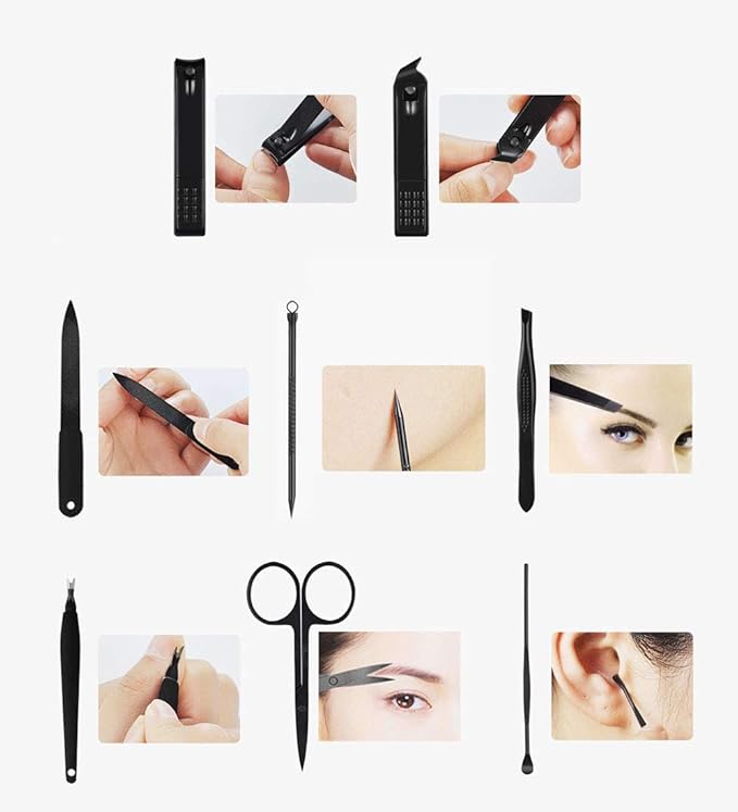 Manicure Pedicure Kit Nail Clippers Set 18 in 1 High Precision Stainless Steel Cutter File Sharp Scissors for Men & Women Fingernails & Toenails Vibrissac Scissors with Stylish Case (black&red_8in1)