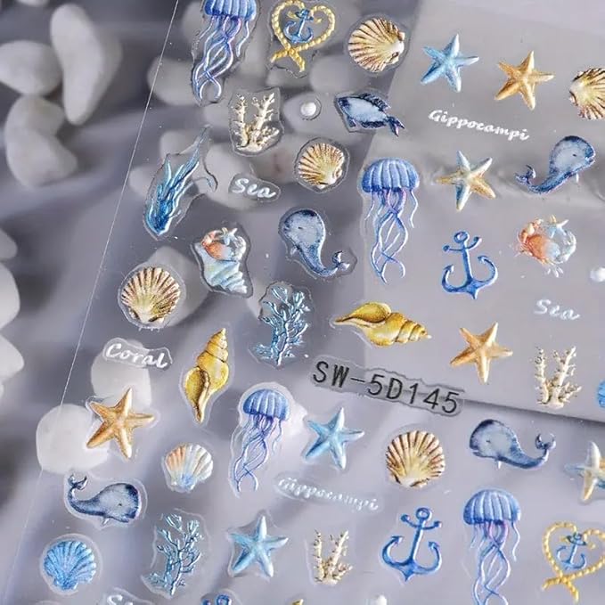 5D Embossed Ocean Life Nail Art Stickers Decals Self Adhesive Seashell Starfish Nail Decals Sea Creature Designs Summer Nail Stickers Marine Life Manicure Sliders for Women DIY Nail Art Decorations