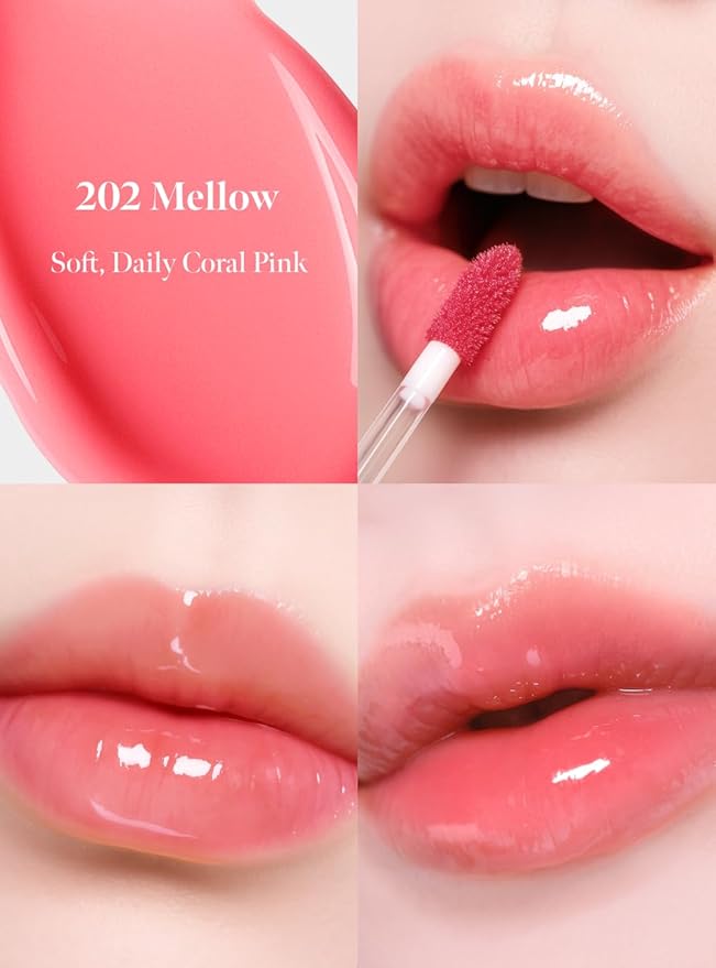 Dew Drop Tint #202 Mellow 4.5g, Glossy, Lightweight Lip Stain, Glass-Like, High Shine, Moisturizing Lip Oil, Long Lasting Color, Hydrating Gloss, Dewy Finish, Korean Beauty Makeup