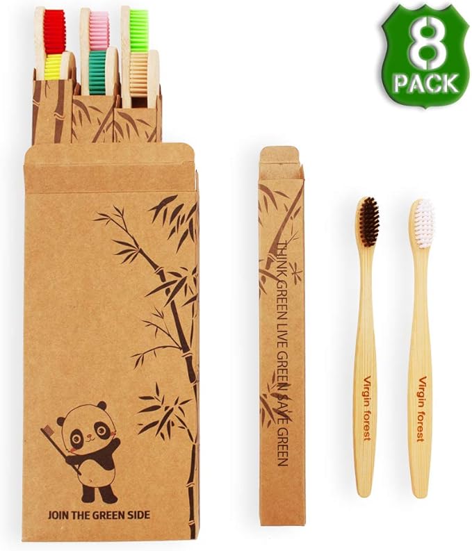 Virgin Forest Bamboo Toothbrush, Biodegradable Toothbrush, Eco Friendly Natural Wooden Toothbrushes, Vegan Organic Bamboo Charcoal Tooth Brush for Sensitive Gums Medium Bristle Set of 8 Color