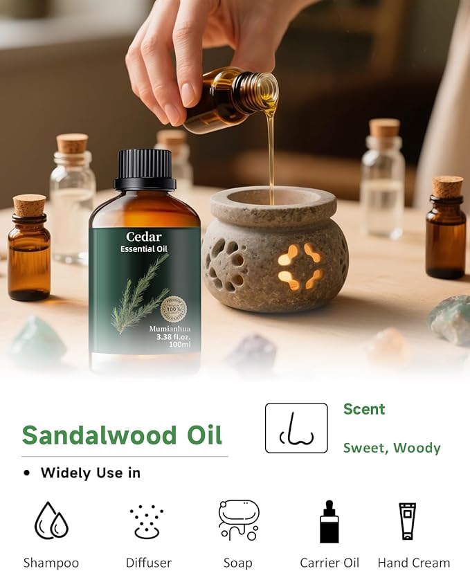 Pure Cedarwood Essential Oil, Mumianhua Natural Cedarwood Oil for Hair, Skin, Diffuser, Aromatherapy, Bedroom Atmosphere, Woodland Aroma, Evening Diffusion, Soap Making, Blends 3.38 Fl Oz