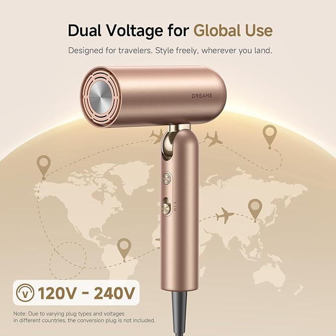 Dreame Pocket Pro Hair Dryer, Dual Voltage Travel Blow Dryer with Diffuser, 1300W Professional HighSpeed Ionic Hair Blower, Fast Drying, Low Noise, Lightweight, No Heat Damage, Global Travel 120V/240V