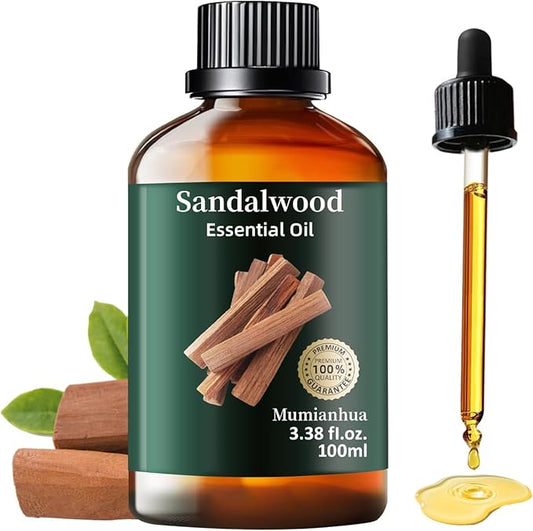 Pure Sandalwood Essential Oil, Mumianhua Natural Sandalwood Oil for Diffuser Aromatherapy, Skin, Hair, Massage, Candle, Soap Making, Evening Meditation, Calm Connection, Woody Grounding 3.38 Fl Oz