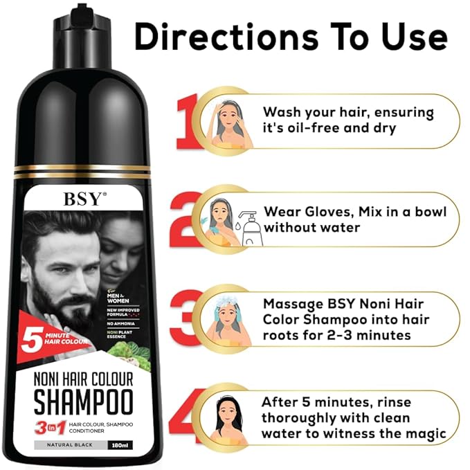 BSY Noni Hair Color Shampoo - 6 fl oz - Pump Pack | No Ammonia | 3 in 1 - Hair Dye Shampoo, Conditioner for Women and Men | Natural Black, Permanent Hair Color for Black Hair