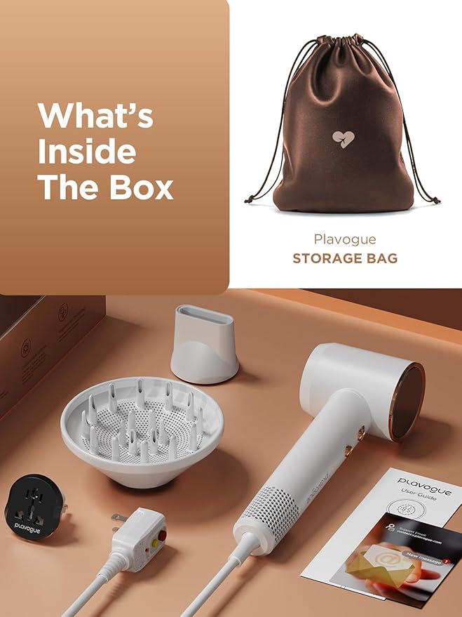 PLAVOGUE Dual Voltage Travel Hair Dryer with Diffuser, High-Speed Ionic Blow Dryer for Women, Fast Drying, Low Noise, Lightweight, No Heat Damage, European Travel 110V-120V/220V-240V