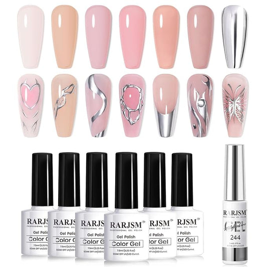 RARJSM Nude Gel Nail Polish Set 6 Colors with Metallic Silver Chrome Gel Liner Sheer Jelly Gray Pale Rose Apricot Pink GelPolish Transparent French Manicure Neutral GelVarnish LED UV Curing Requires