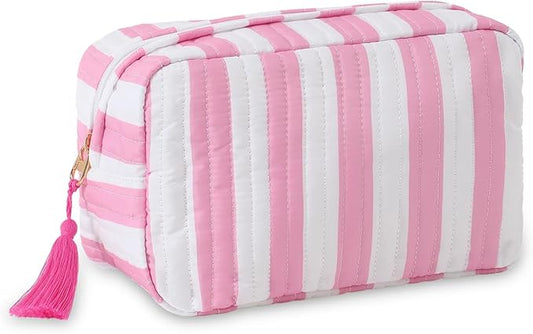 Quilted Makeup Bag for Women, Stripe Cosmetic Pouch with Tassel Zipper Travel Toiletry Organizer (White-Pink)