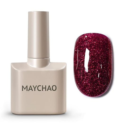 MAYCHAO 15ML Burgundy Glitter Gel Nail Polish 1Pc Burgundy Red Shimmer Gel Polish Soak Off UV LED Nail Polish Nail Art Starter Manicure Salon DIY at Home, 0.5 OZ