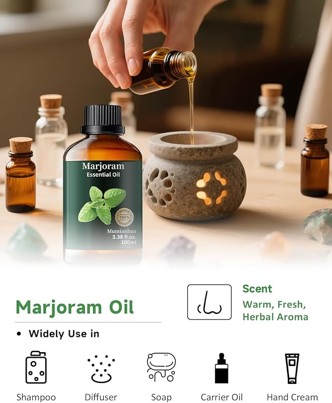 Pure Marjoram Essential Oil, Mumianhua Natural Marjoram Oil for Diffuser, Room Spray, Massage, Humidifier & Air Purifier, Skin, Soothing Comfort, Evening Ease, Outdoor Protection 3.38 Fl Oz