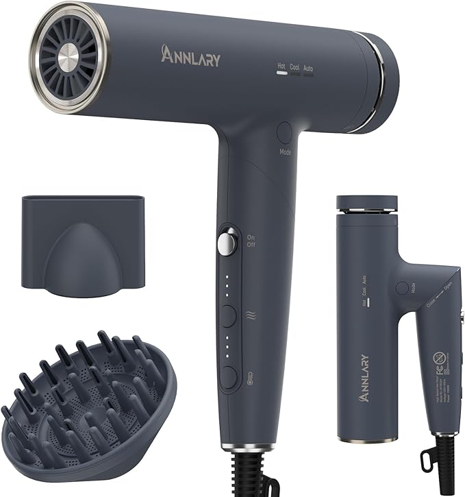 Plasma Ion Hair Dryer with Diffuser for Curly Hair, 110000 RPM Professional High Speed Blow Dryer with Plasma Ion, 1500W Foldable Travel Hairdryer with 6.5 Ft Cord Fast Drying for Women Men