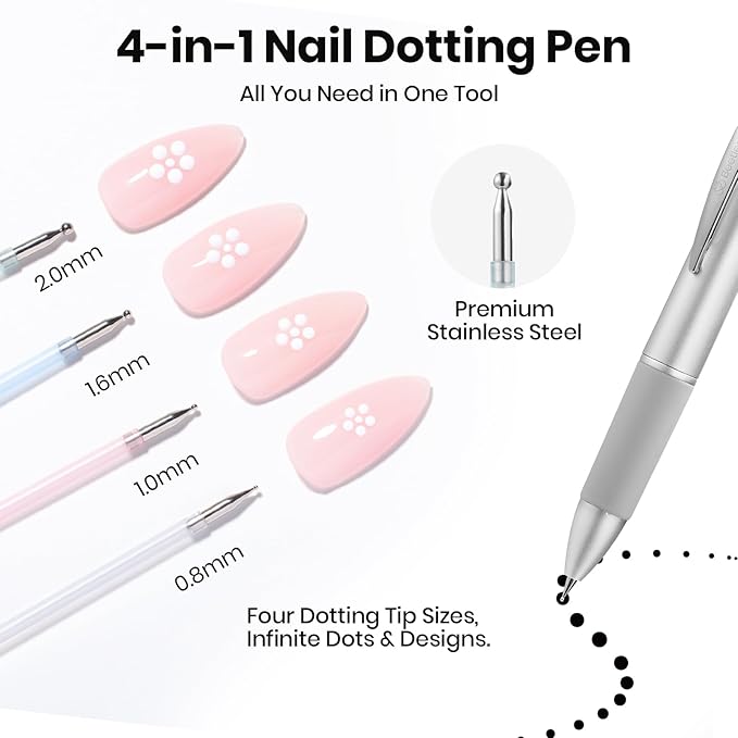 Beetles Nail Dotting Pen 4-in-1 Manicure Art Tools in Ballpoint Design with Size Marking and Pressing Head Double-end Nail Dotting Tool, Pefect for Dottings Painting Gems Chrome Powder DIY and Salon