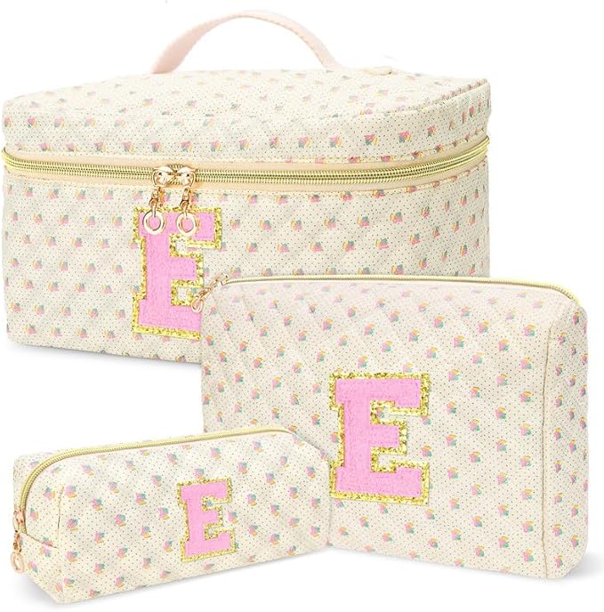 3 PCS Travel Makeup Bag Set,A-Z Initials Cotton Make up Bag Floral Quilted Cosmetic Bag for Girls and Women,Personalized Christmas Gifts,Cute Toiletry Travel Accessories Brushes Bags-E