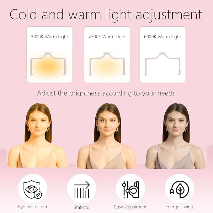 34-Inch Nail Light for Desk, 3-Level Dimming Half Moon Light, 3360LM Lamp, Adjustable with Phone Holder, Eye Protection – Ideal for Nail Techs - Pink