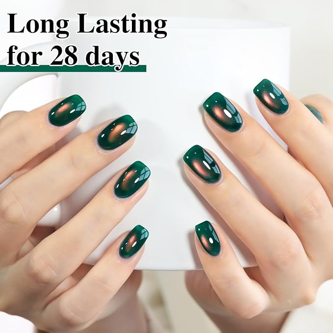 Double Rhythm 0.5 OZ Cat Eye Gel Polish with Magnet 15ML Holographic Glitter Shimmer Translucent Jelly Color Magnetic Nail Polish Salon DIY at Home (Golden Green-MC1287)