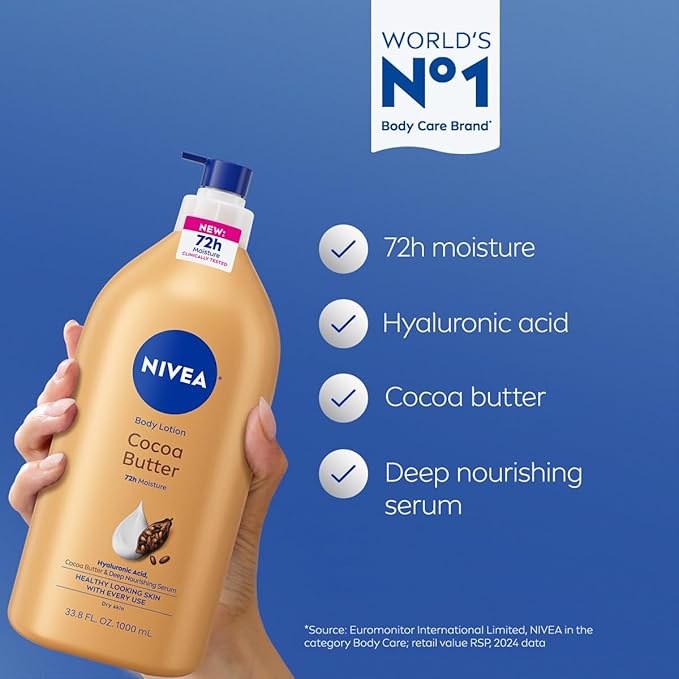 NIVEA Cocoa Butter Body Lotion for Dry Skin with Hyaluronic Acid, Cocoa Butter and Deep Nourishing Serum, 72-Hour Body Moisturizer, 33.8 Fl Oz Value Size Pump Bottle