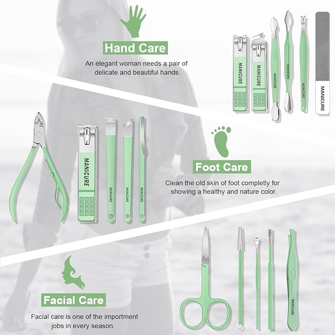 Manicure Set Professional Nail Clippers Pedicure Kit, 16 pcs Stainless Steel Nail Care Tools Grooming Kit with Luxurious Travel Leather Case for Thick Nails Men Women Gift (Green)