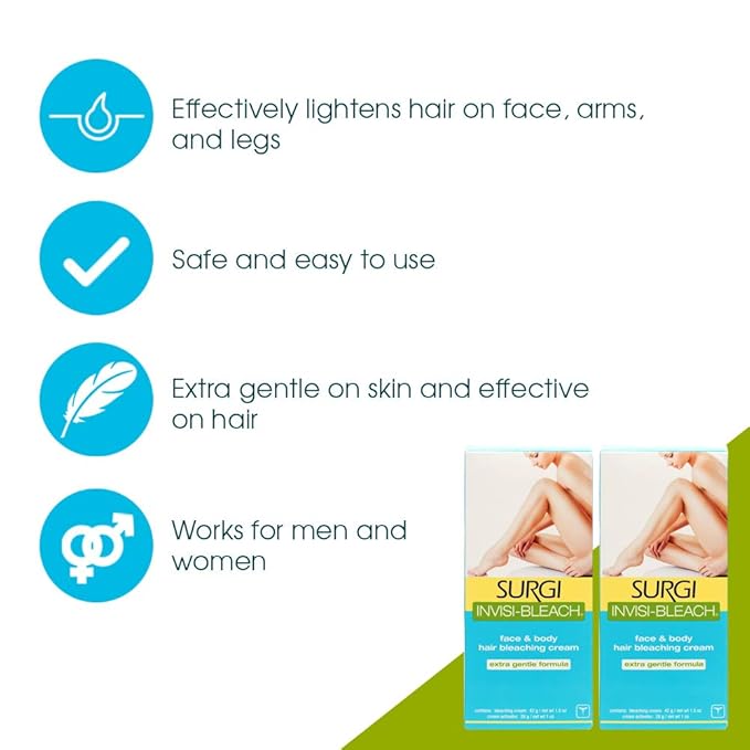 Surgi Invisi-Bleach Face & Body Hair Bleaching Cream 1.5 oz ( Pack of 2)