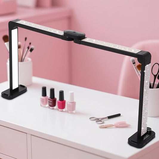 34in Half Moon Light for Nail Desk, Foldable LED Lamp for Nail Art, Tattooing, Craft Making, Stepless Dimming, 3000-6000K Color Temperature Adjustment, 456 Light Beads, White with Diamond