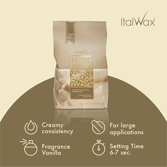 Italwax White Chocolate - 1kg / 2.2lb - Hard wax beads for hair removal - Natural formulation ideal for all skin type - Vanilla aroma - Recommended for Bikini Area and Armpits