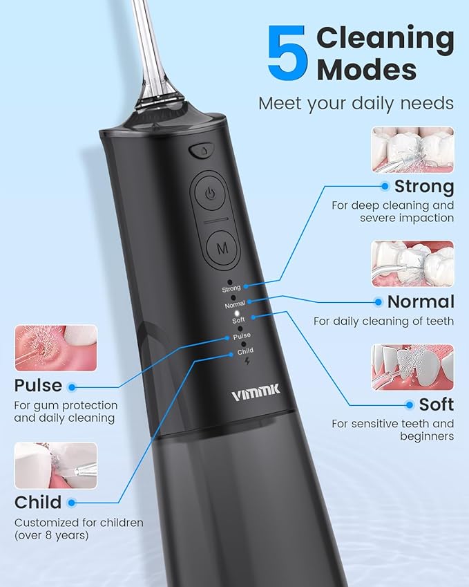 Water Flosser, Cordless Water Dental Flosser, 9 Jet Tips 5 Modes 300ML IPX7 Waterproof, Portable Rechargeable Oral Irrigator for Home Travel - Gums, Orthodontic, Braces Care - Black