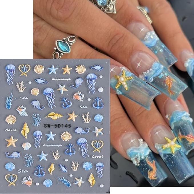 5D Embossed Ocean Life Nail Art Stickers Decals Self Adhesive Seashell Starfish Nail Decals Sea Creature Designs Summer Nail Stickers Marine Life Manicure Sliders for Women DIY Nail Art Decorations