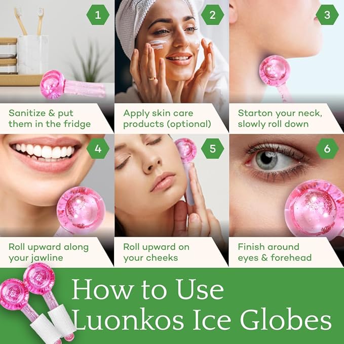 LUONKOS Ice Globes for Face - Pink, Set of 2 - Reusable Glass Gua Sha Facial Tools & Lymphatic Drainage Massager - Skincare Tools for Puffiness & Dark Circles