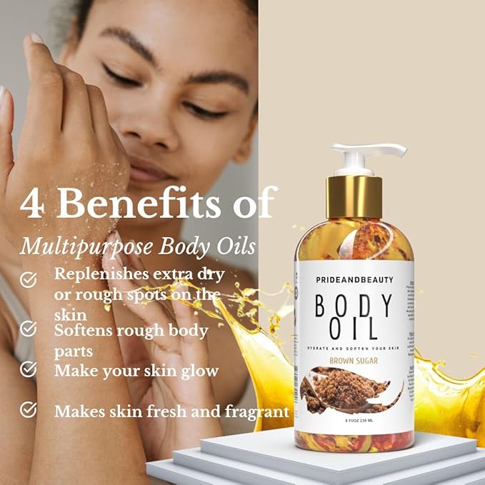 PrideandBeauty After Shower Oil. Skin Hydrating Oil. Body Oil Scented. Body Oils For Women Dry Skin. (Vanilla Buttercream) (8 OUNCES, Brown Sugar)