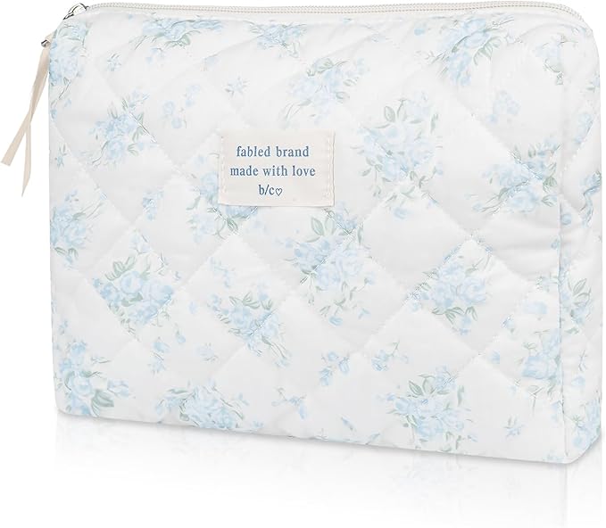 Floral Makeup Bag, Large Cosmetic Bag for Women Girls, Cute Cotton Makeup Pouch, Quilted Makeup Bags, Flower Travel Toiletry Organizer Bag(Blue Rose)