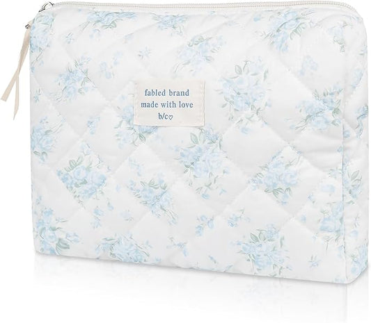 Floral Makeup Bag, Large Cosmetic Bag for Women Girls, Cute Cotton Makeup Pouch, Quilted Makeup Bags, Flower Travel Toiletry Organizer Bag(Blue Rose)