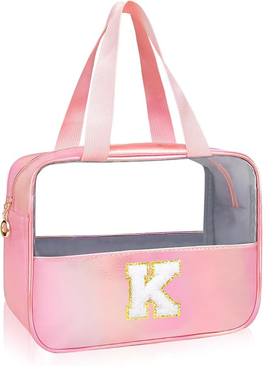 Personalized Initial Clear Makeup Bag Pink Cosmetic Bag Set Large Travel Toiletry Bag, Cute Clear Make Up Bags Organizer Bag for Girlfriend Teacher Gifts Teen Girl Gifts Trendy Stuff K (Pink)