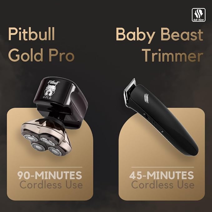 Skull Shaver Pitbull Gold PRO Electric Razor & Baby Beast Trimmer - Premium Cordless Electric Shaver for Men - for Wet & Dry Shaving - Features LED Battery Display - Comes with Travel Pouch
