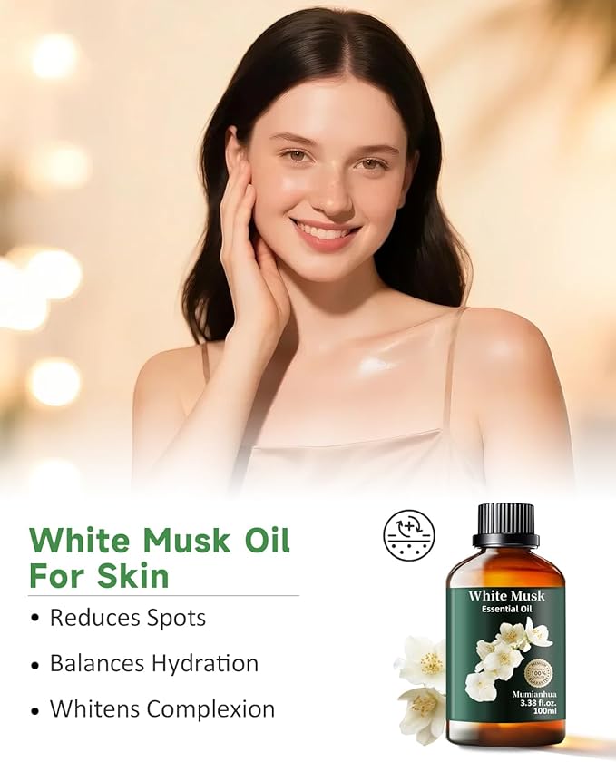 Mumianhua White Musk Oil 100% Pure- Therapeutic Grade Aromatherapy White Musk Essential Oil for Diffuser, Skin & Body Care, Women & Men, Natural Perfume & Candle Making 3.38 Fl Oz