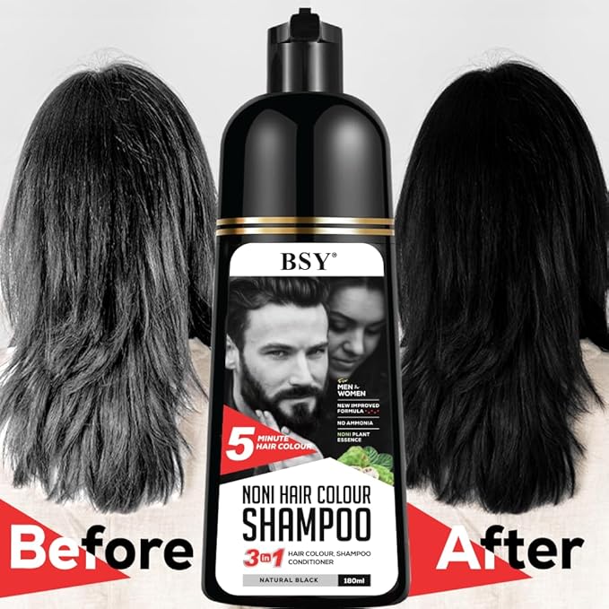 BSY Noni Hair Color Shampoo - 6 fl oz - Pump Pack | No Ammonia | 3 in 1 - Hair Dye Shampoo, Conditioner for Women and Men | Natural Black, Permanent Hair Color for Black Hair