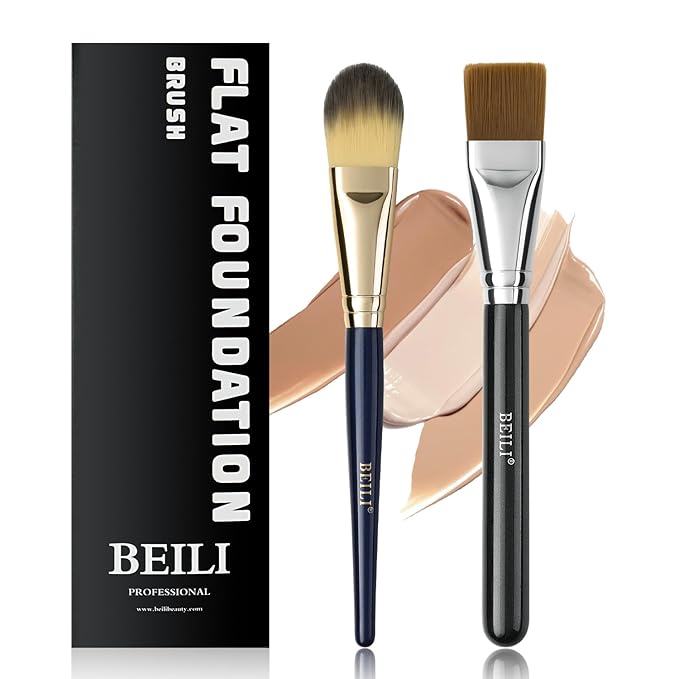 BEILI 2pcs Flat Square Synthetic Foundation Brush for Liquid Cream Facial Mask Concealer Makeup Premium Soft Synthetic Contour Brush for Blending Liquid Cream Foundation Emulsion Cosmetics