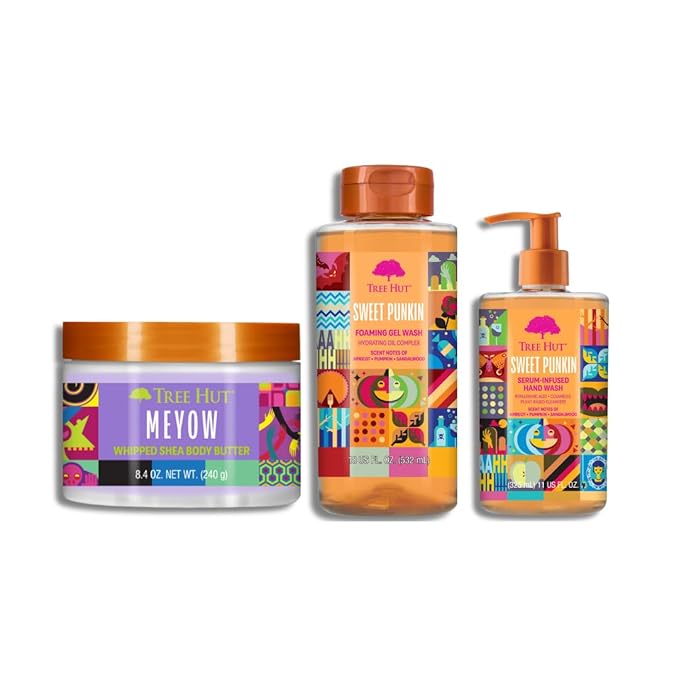 Tree Hut Daily Essentials Skincare Trio | Sweet Punkin Body Wash & Hand Wash + Meyow Body Butter | Cleanse, Hydrate & Refresh | Long-Lasting Fall Pumpkin Spice Scents | 3-Piece Set