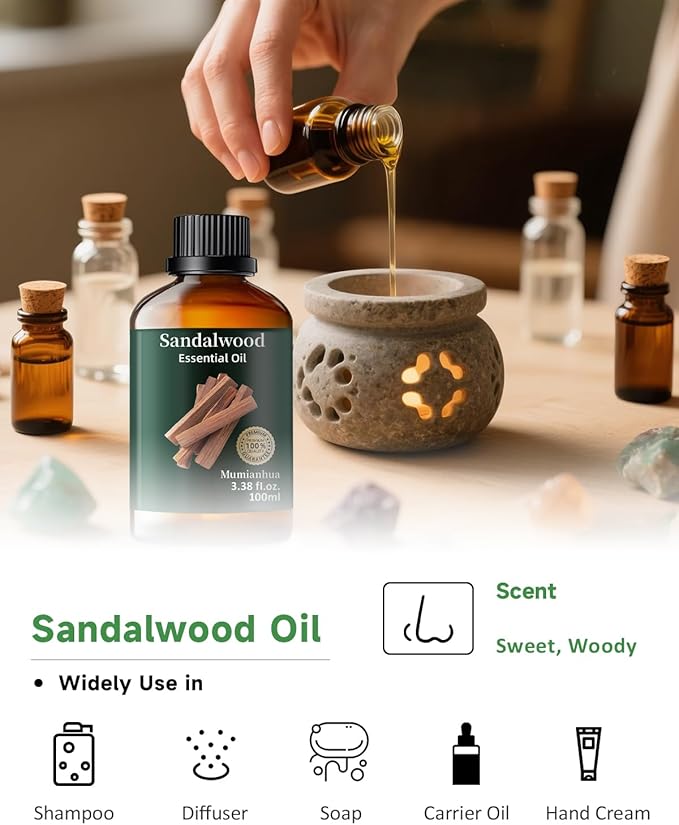 Pure Sandalwood Essential Oil, Mumianhua Natural Sandalwood Oil for Diffuser Aromatherapy, Skin, Hair, Massage, Candle, Soap Making, Evening Meditation, Calm Connection, Woody Grounding 3.38 Fl Oz