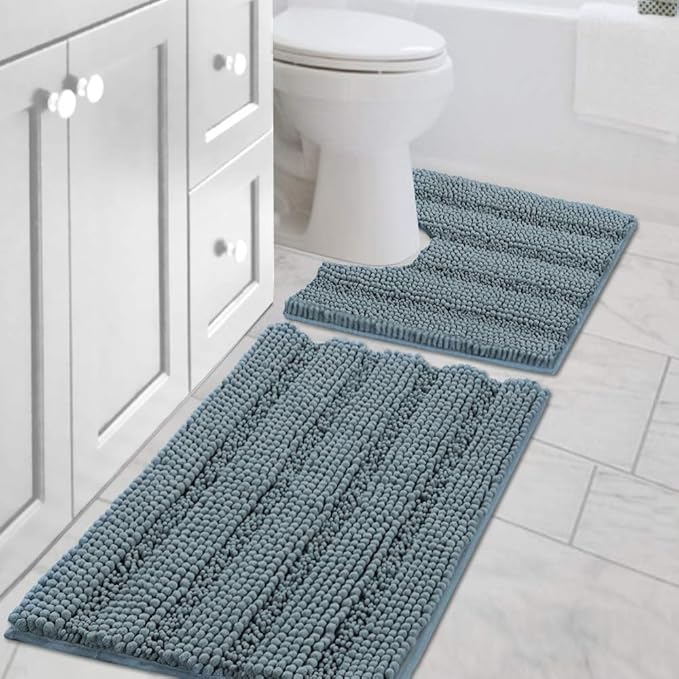 H.VERSAILTEX Bathroom Rugs Bath Rug Set 2 Piece Bathroom Contour Rug Toilet Mat Sets Non Slip Contour Bath Rug Set Ultra Thick Water Absorbent Striped Washable(20" x 32" Plus 20" x 20" U, Stone Blue)