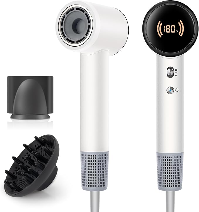 Hair Dryer,Travel Hair Dryer with Diffuser,110000 RPM High Speed Ionic Blow Dryer,Temperature Display,Low Noise&Lightweight Blow Dryer,Fast-Drying,No Heat Damage,Suitable for All Hairstyles(White)