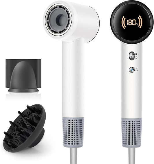 Hair Dryer,Travel Hair Dryer with Diffuser,110000 RPM High Speed Ionic Blow Dryer,Temperature Display,Low Noise&Lightweight Blow Dryer,Fast-Drying,No Heat Damage,Suitable for All Hairstyles(White)