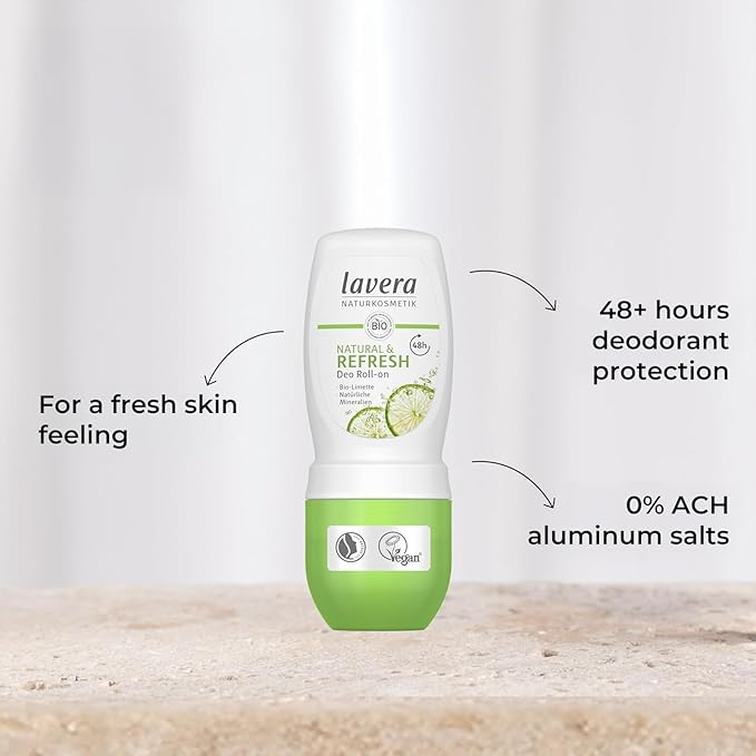 lavera Deo Roll-On Natural & Refresh - Roll On Deodorant for 48h Protection - with Natural Minerals & Lime - Aluminum Free - PETA Certified - Vegan - Made in Germany - 1.7 Fl Oz