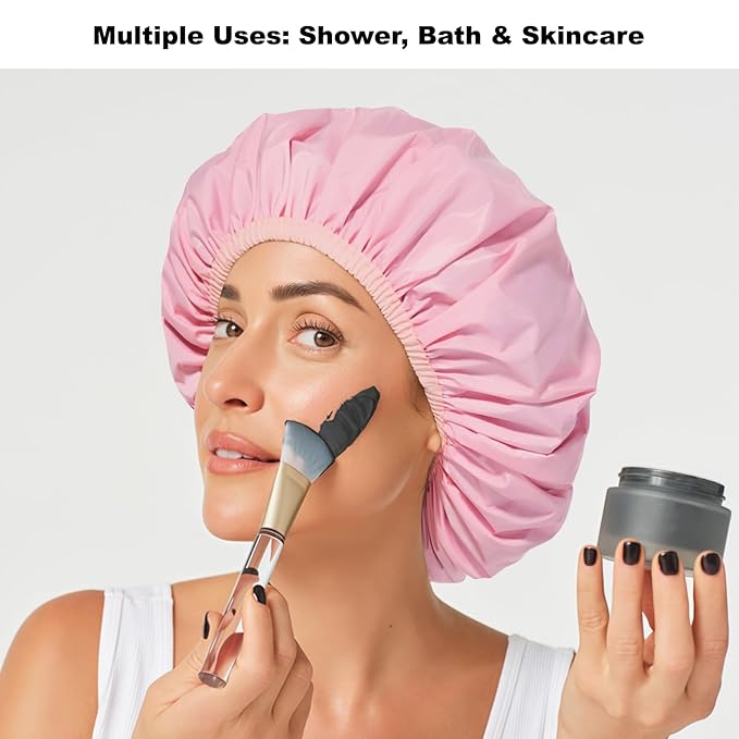 2 Pack Shower Caps for Women, Reusable Waterproof Shower Cap with Elastic Band, Thickened Waterproof Fabric Shower Bonnet for Braids, Long Hair (Pink and Green)