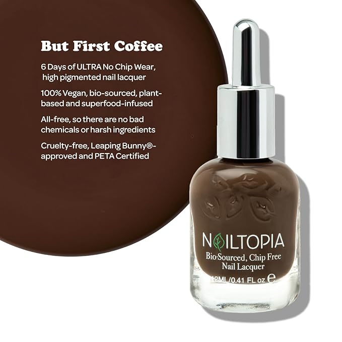 Nailtopia - Plant-Based Chip Free Nail Lacquer - Non Toxic, Bio-Sourced, Long-Lasting, Strengthening Polish - But First Coffee (Brown With Warm Undertones) - 0.41oz