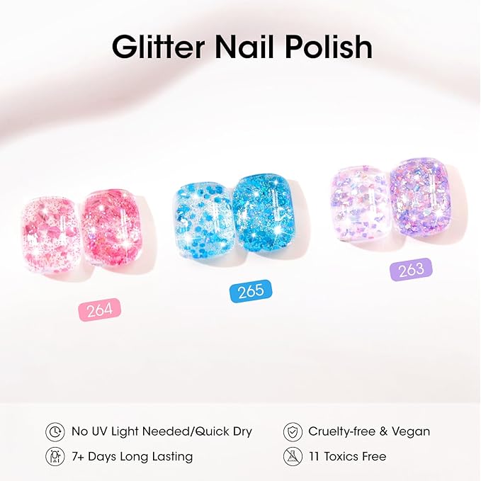 GELLEN Sparkle Nail Polish Set 3 Colors Pink Purple Blue Glitter Sequins Nail Polish Quick Dry Sparkle Fingernail Polish Non Gel Nail Lacquer Home Salon DIY Nail Art Manicure Gift