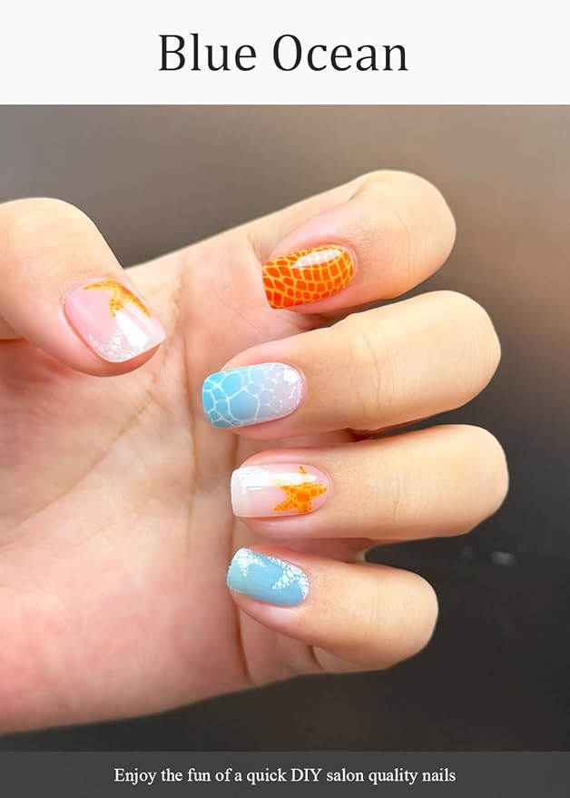 Semi Cured Gel Nail Strips (Blue Ocean), Starfish, Summer, 20 Pcs Gel Nail Wraps, Stickers, UV Light Required, Salon Quality
