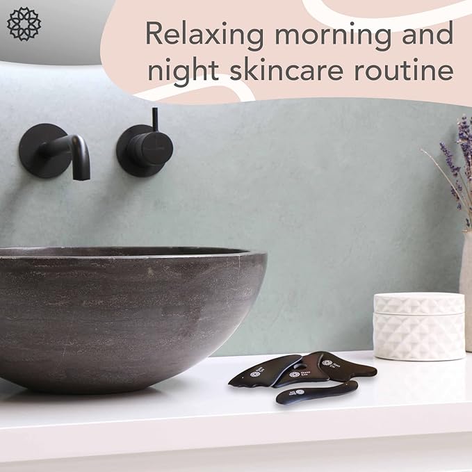 LUONKOS Gua Sha Facial Tools - Set of 4 Black - Large Bian Stone Guasha Tool for Body Massage - Lymphatic Drainage Massager with Polished Edges Glide Effortlessly for Daily Aesthetic Skincare Routine