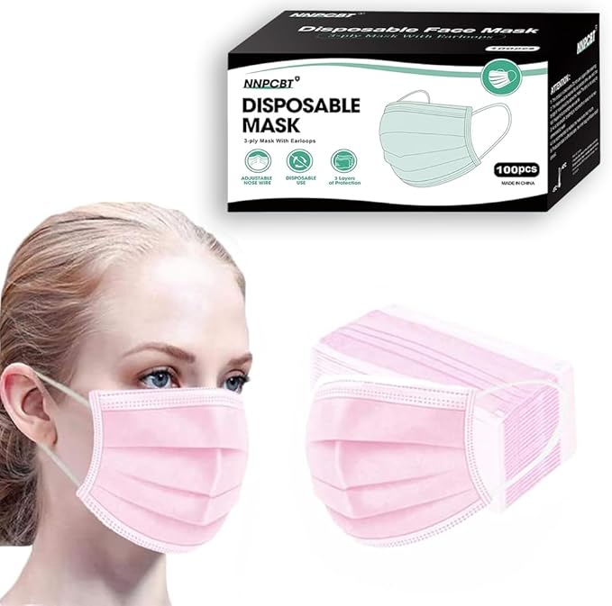 NNPCBT Pink Disposable Face Masks 100 Pack,3-Ply Breathable Mask For Adults,Great For Outdoors,Home, Office, School